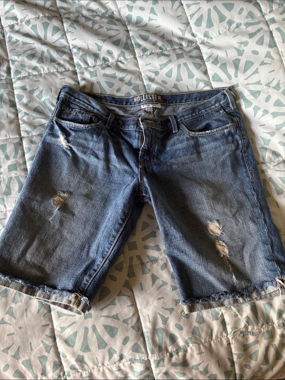 Hollister Women's Distressed Denim Bermuda Shorts in Medium Blue